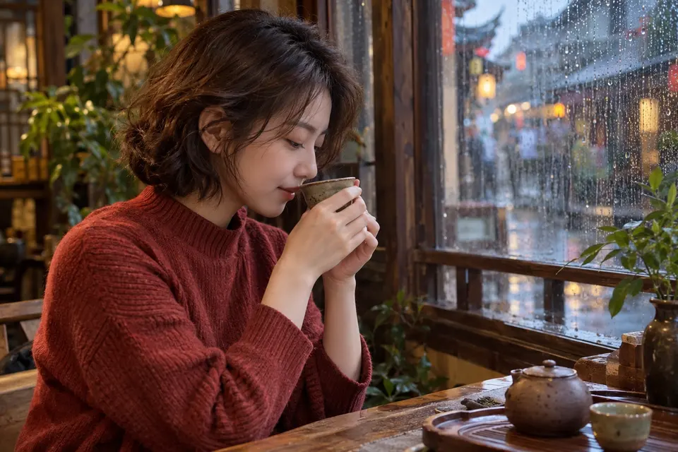 雨天窗边用陶杯闻香的安静茶室
