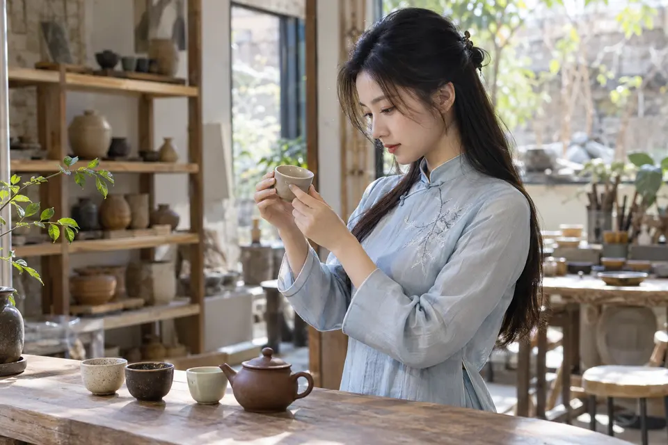 佛山场景中人物挑选陶杯并准备品饮