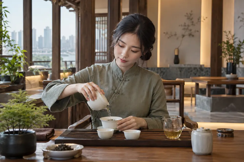 新中式盖碗冲泡场景，桌面摆放茶席