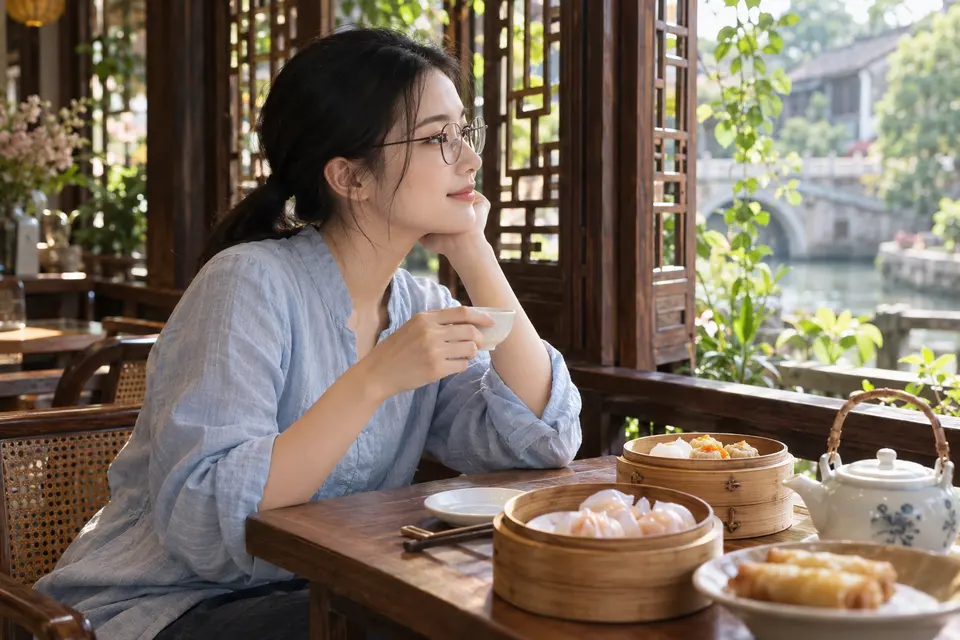 岭南早茶场景中的白瓷茶具与点心