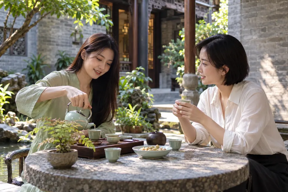 岭南庭院中茶友围坐交流与倒茶