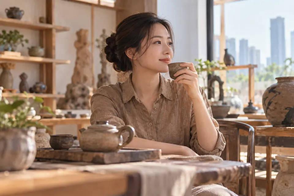 陶艺茶器工作室里摆放的陶杯与茶具，人物正在挑选器物